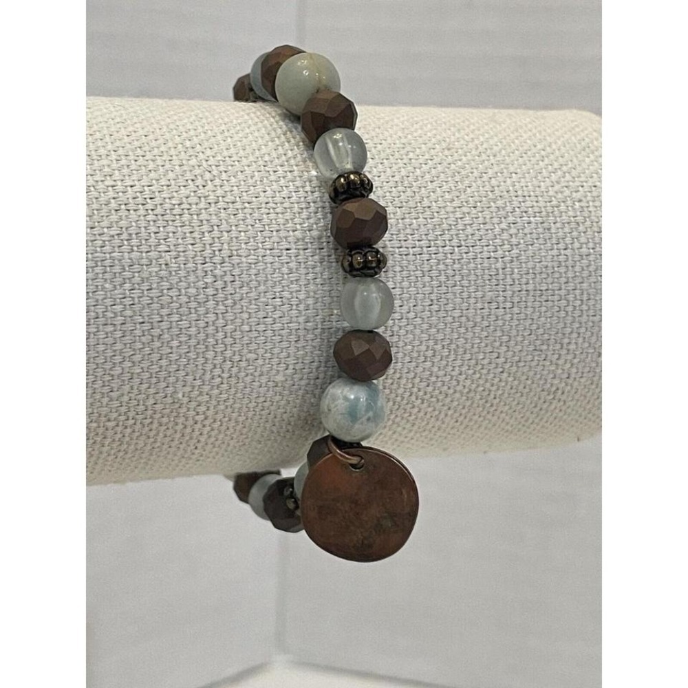 Handmade Boho Beaded Stretch Bracelet Brown Blue Stone Bronze Round Charm 6.75in